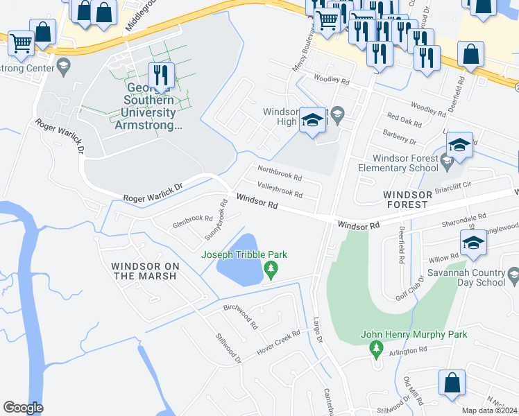map of restaurants, bars, coffee shops, grocery stores, and more near 621 Windsor Road in Savannah