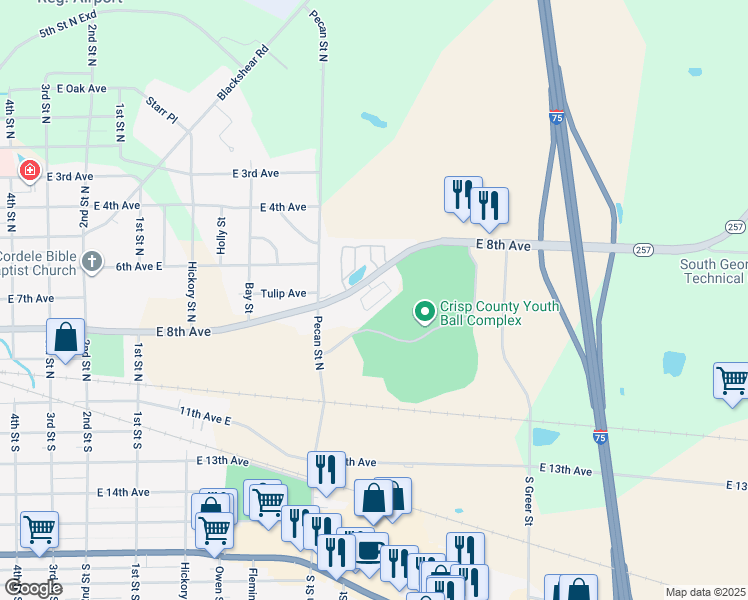 map of restaurants, bars, coffee shops, grocery stores, and more near 1512 East 8th Avenue in Cordele