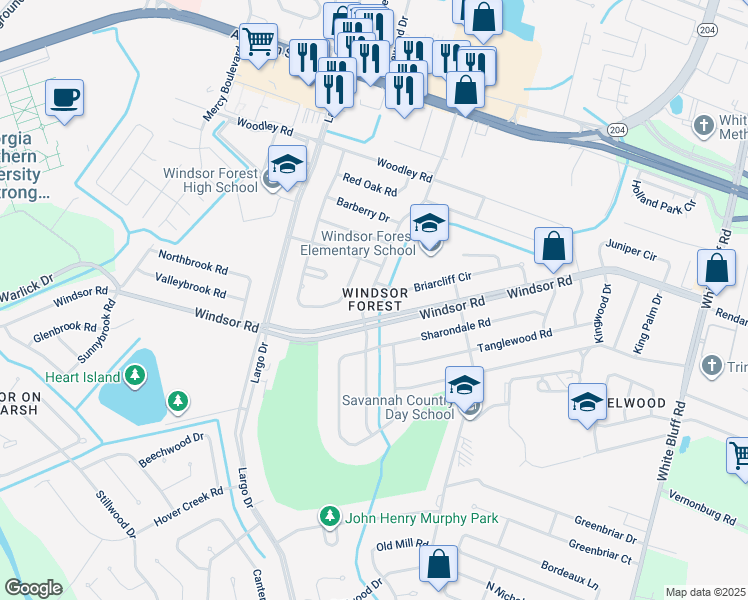 map of restaurants, bars, coffee shops, grocery stores, and more near 12442 Deerfield Road in Savannah