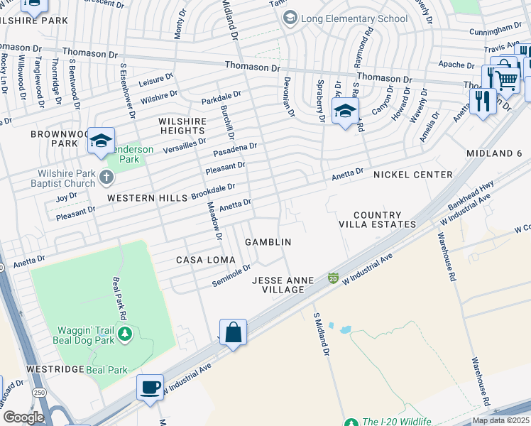 map of restaurants, bars, coffee shops, grocery stores, and more near 1204 S Midland Dr in Midland