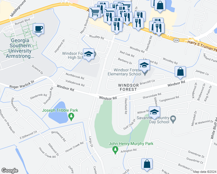 map of restaurants, bars, coffee shops, grocery stores, and more near 12450 Northwood Road in Savannah