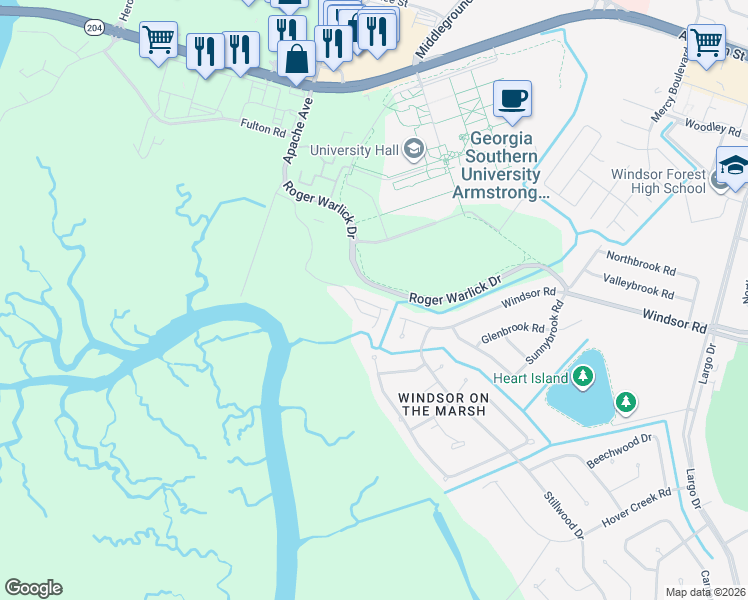 map of restaurants, bars, coffee shops, grocery stores, and more near 12300 Apache Avenue in Savannah