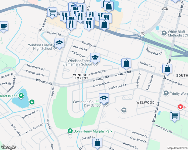 map of restaurants, bars, coffee shops, grocery stores, and more near 408 Briarcliff Circle in Savannah