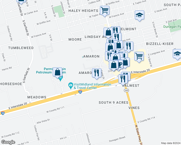 map of restaurants, bars, coffee shops, grocery stores, and more near 2300 Camp Drive in Midland