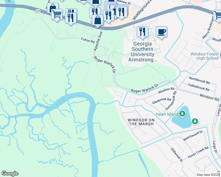 map of restaurants, bars, coffee shops, grocery stores, and more near 12300 Apache Avenue in Savannah