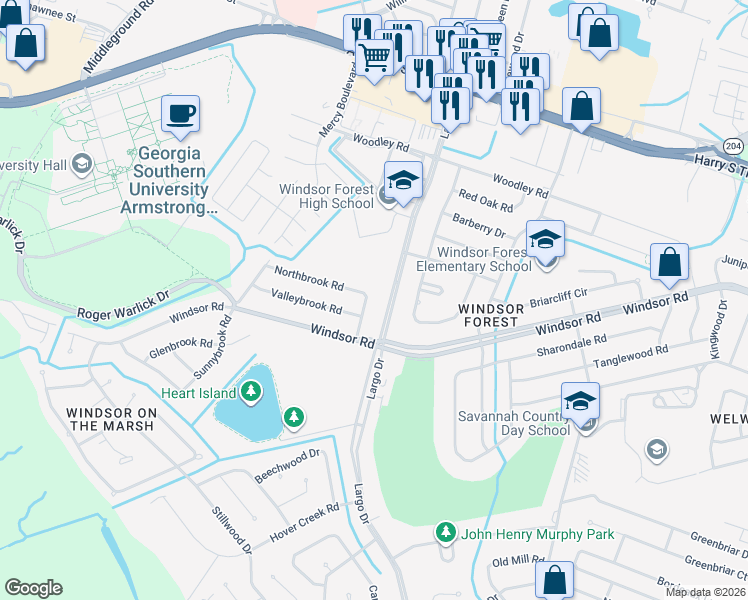 map of restaurants, bars, coffee shops, grocery stores, and more near 12443 Largo Drive in Savannah