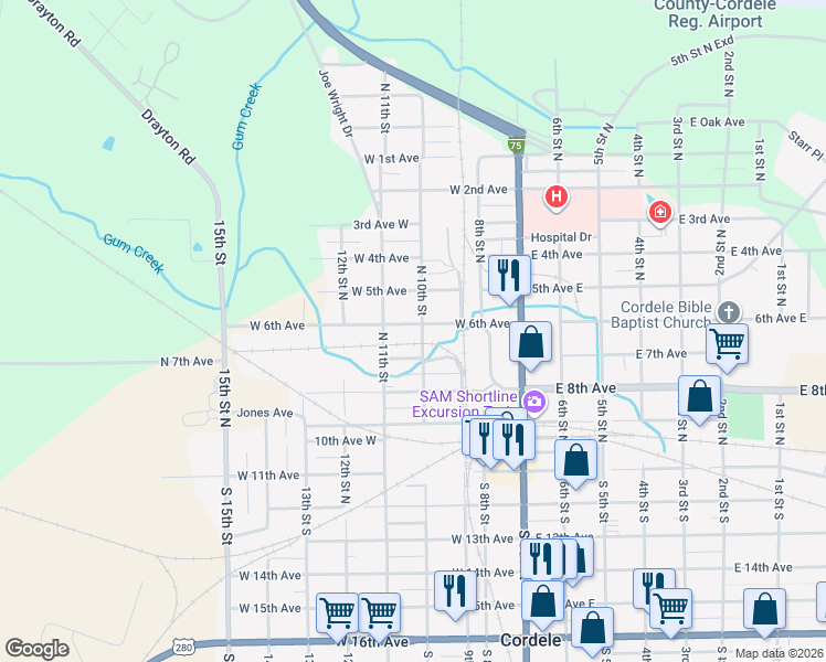 map of restaurants, bars, coffee shops, grocery stores, and more near 403 West 6th Avenue in Cordele
