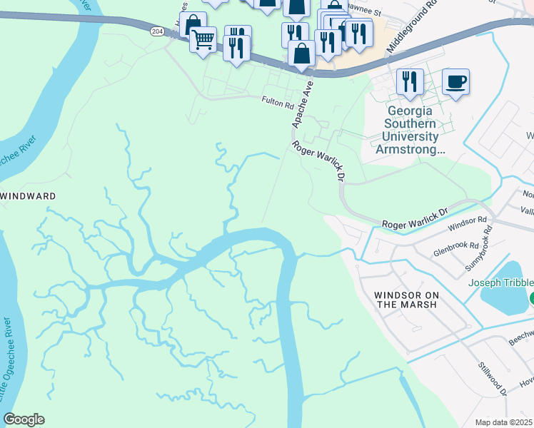 map of restaurants, bars, coffee shops, grocery stores, and more near 12500 Apache Avenue in Savannah