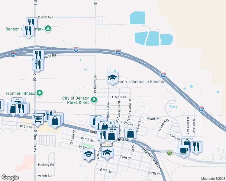 map of restaurants, bars, coffee shops, grocery stores, and more near 590 North Patagonia Avenue in Benson