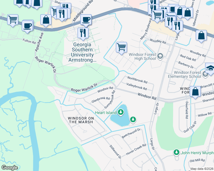 map of restaurants, bars, coffee shops, grocery stores, and more near 704 Windsor Road in Savannah
