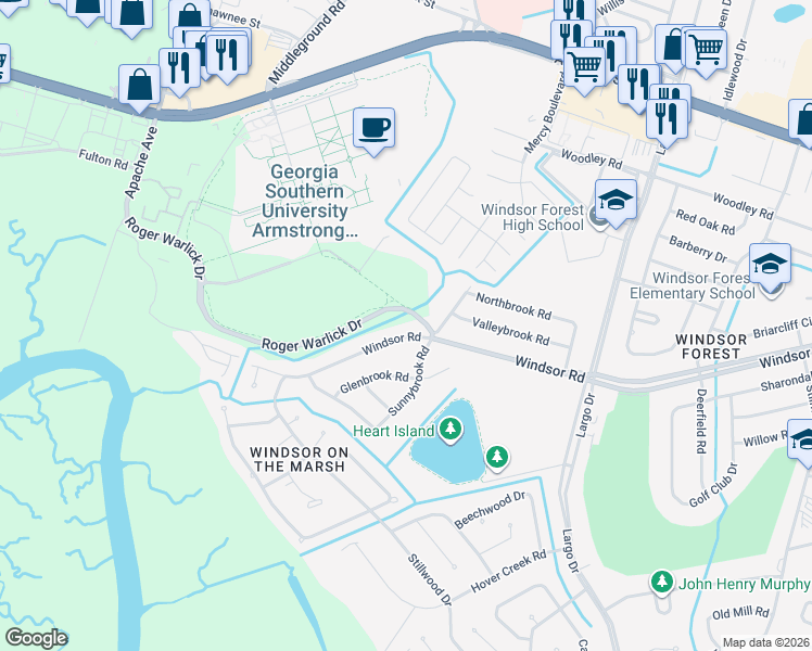 map of restaurants, bars, coffee shops, grocery stores, and more near 704 Windsor Rd in Savannah