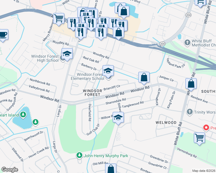 map of restaurants, bars, coffee shops, grocery stores, and more near 408 Briarcliff Circle in Savannah