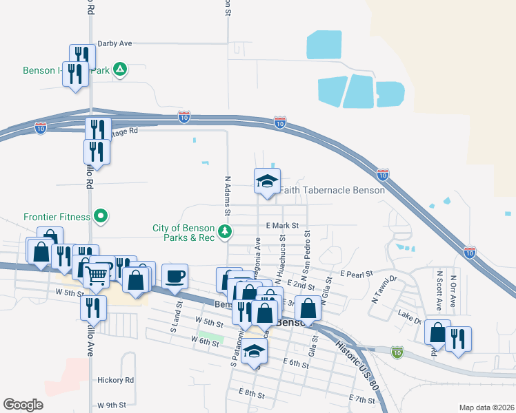 map of restaurants, bars, coffee shops, grocery stores, and more near 590 North Patagonia Avenue in Benson