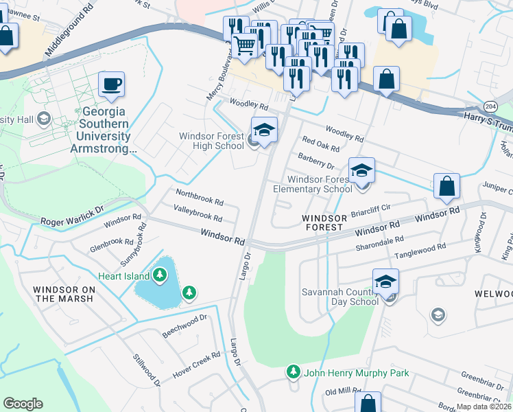 map of restaurants, bars, coffee shops, grocery stores, and more near 12443 Largo Dr in Savannah