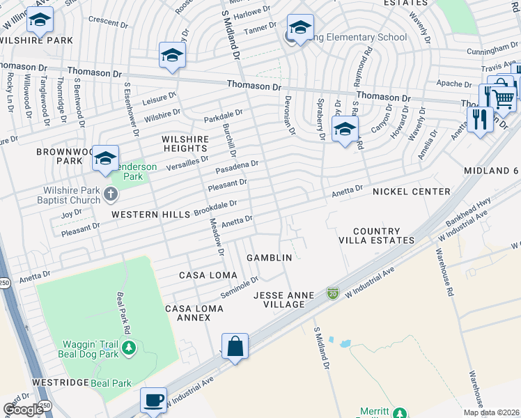 map of restaurants, bars, coffee shops, grocery stores, and more near 4406 Anetta Drive in Midland