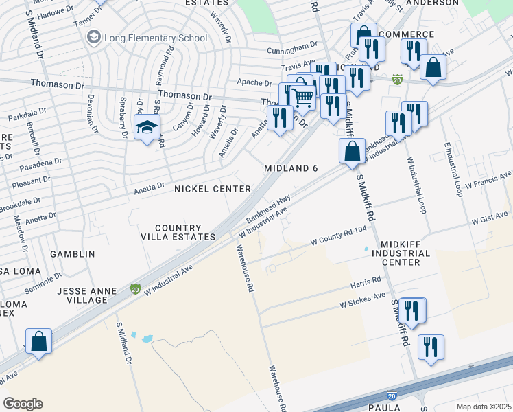 map of restaurants, bars, coffee shops, grocery stores, and more near 4005 Interstate 20 Business Loop in Midland