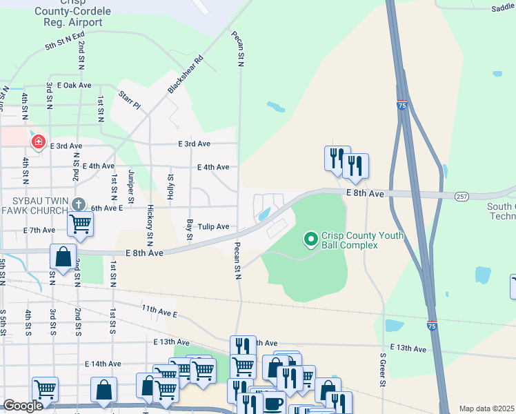 map of restaurants, bars, coffee shops, grocery stores, and more near 1301 East 8th Avenue in Cordele