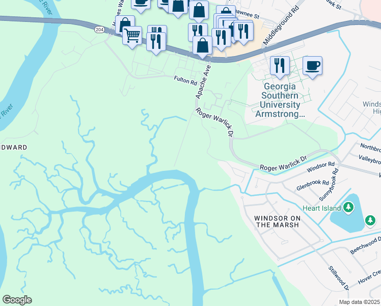 map of restaurants, bars, coffee shops, grocery stores, and more near 12502 Apache Avenue in Savannah
