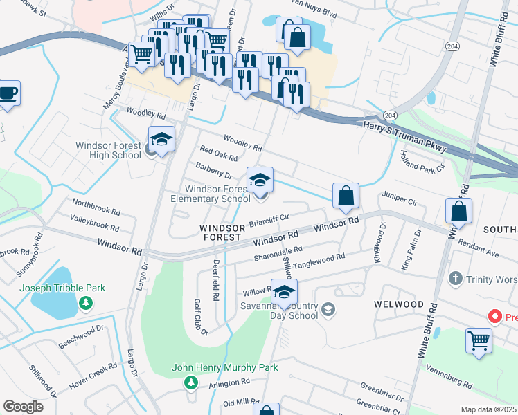map of restaurants, bars, coffee shops, grocery stores, and more near 414 Briarcliff Circle in Savannah
