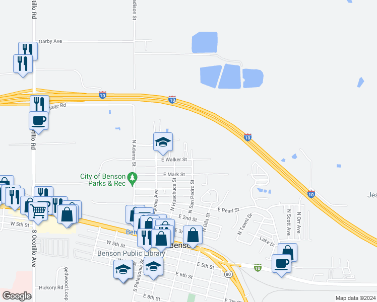 map of restaurants, bars, coffee shops, grocery stores, and more near 612 North Circle Drive in Benson