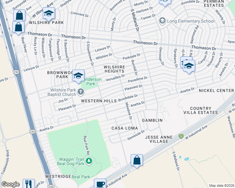 map of restaurants, bars, coffee shops, grocery stores, and more near 4608 Brookdale Drive in Midland