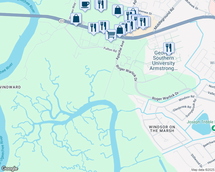 map of restaurants, bars, coffee shops, grocery stores, and more near 12500 Apache Avenue in Savannah