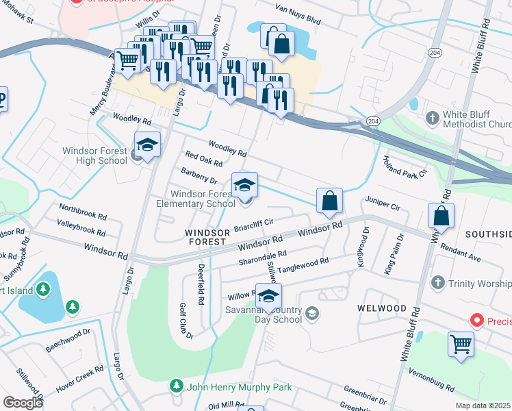 map of restaurants, bars, coffee shops, grocery stores, and more near 414 Briarcliff Circle in Savannah