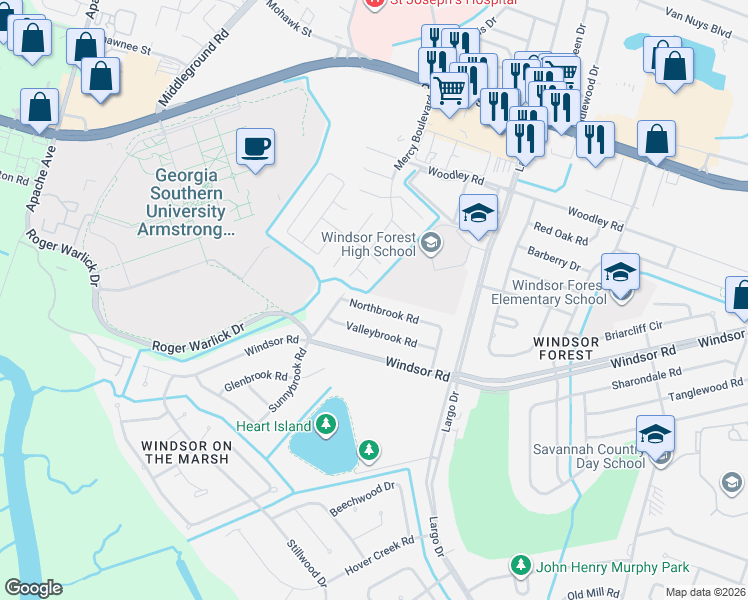map of restaurants, bars, coffee shops, grocery stores, and more near 3 Toulon Court in Savannah