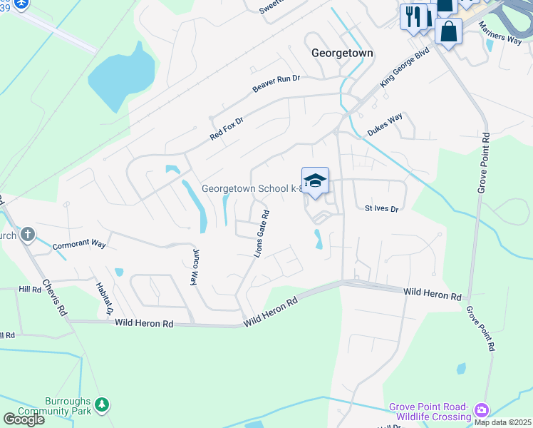 map of restaurants, bars, coffee shops, grocery stores, and more near 169 Lions Gate Road in Savannah
