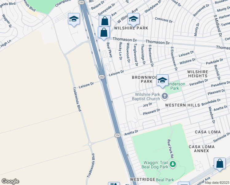 map of restaurants, bars, coffee shops, grocery stores, and more near 501 South Loop 250 West in Midland