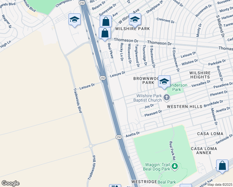 map of restaurants, bars, coffee shops, grocery stores, and more near 501 South Loop 250 West in Midland