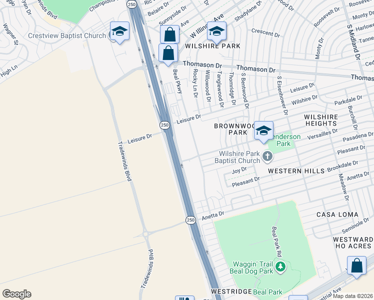 map of restaurants, bars, coffee shops, grocery stores, and more near 501 South Loop 250 West in Midland