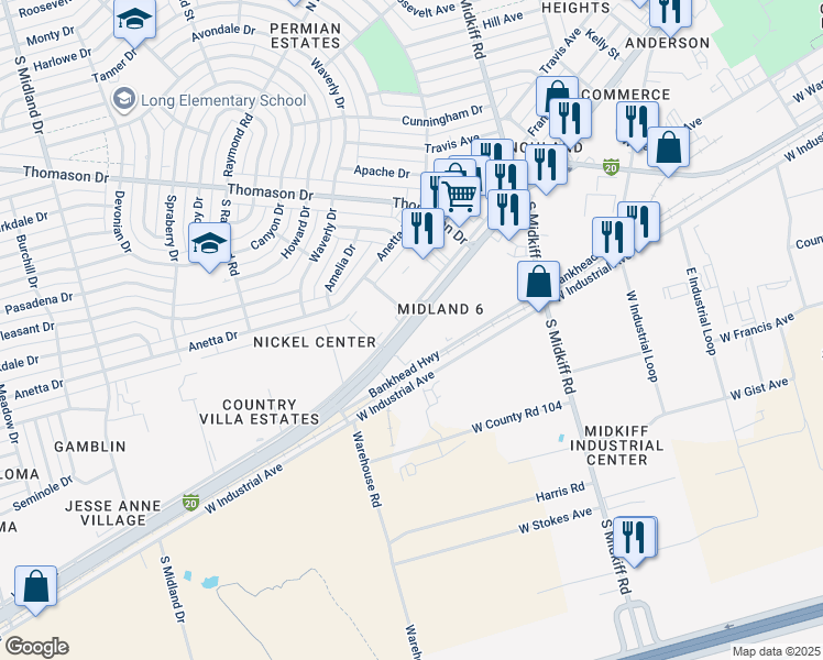 map of restaurants, bars, coffee shops, grocery stores, and more near 3916 Interstate 20 Business Loop in Midland