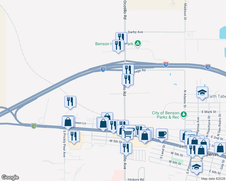 map of restaurants, bars, coffee shops, grocery stores, and more near 665 North Ocotillo Road in Benson