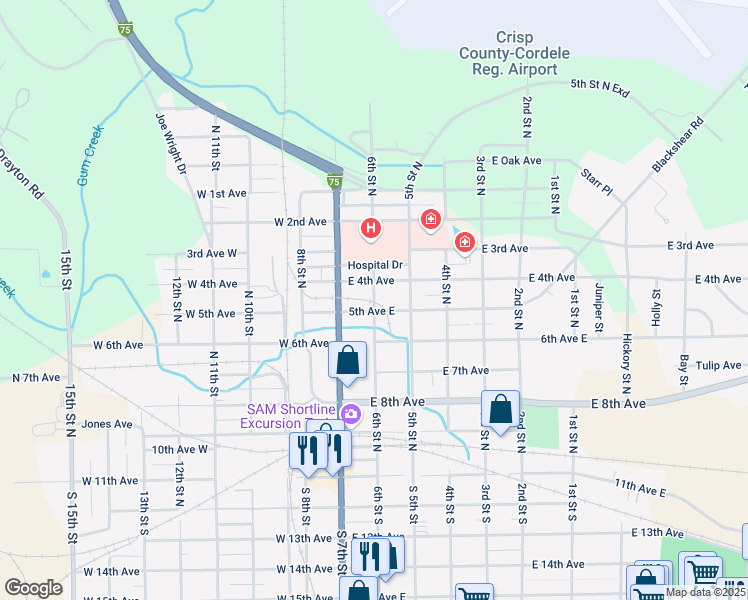 map of restaurants, bars, coffee shops, grocery stores, and more near 6th Street North in Cordele