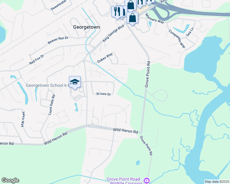 map of restaurants, bars, coffee shops, grocery stores, and more near 116 Saint Ives Drive in Savannah