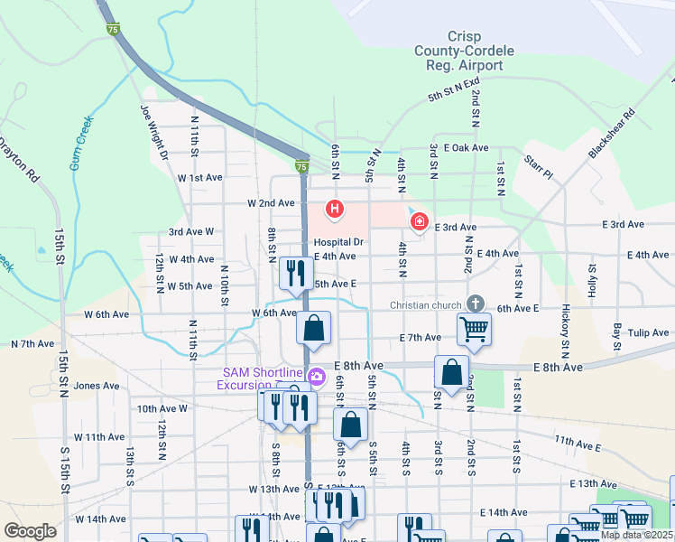 map of restaurants, bars, coffee shops, grocery stores, and more near 6th Street North in Cordele