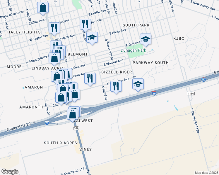 map of restaurants, bars, coffee shops, grocery stores, and more near 2401 South Baird Street in Midland