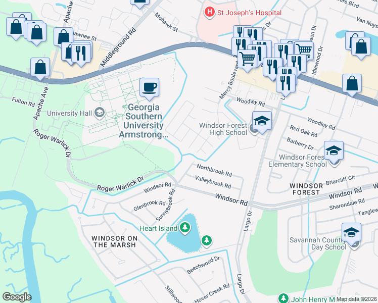 map of restaurants, bars, coffee shops, grocery stores, and more near 114 Bellingrath Court in Savannah