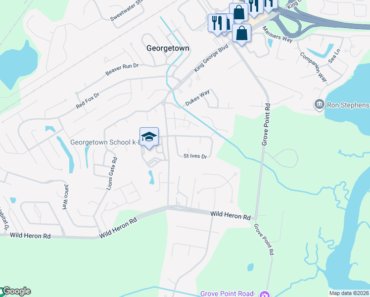 map of restaurants, bars, coffee shops, grocery stores, and more near 156 Saint Ives Way in Savannah
