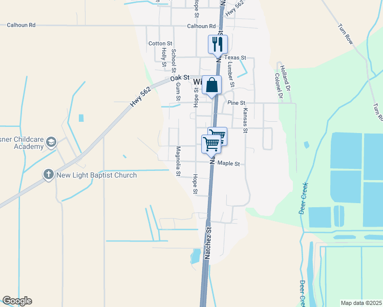 map of restaurants, bars, coffee shops, grocery stores, and more near 201-227 Maple St in Wisner