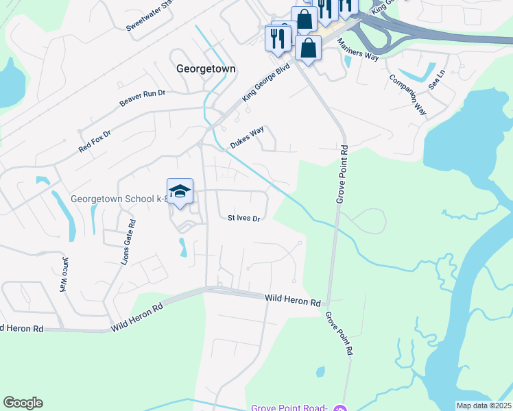 map of restaurants, bars, coffee shops, grocery stores, and more near 116 Saint Ives Drive in Savannah