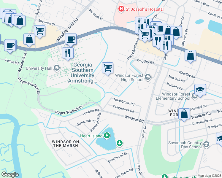 map of restaurants, bars, coffee shops, grocery stores, and more near 114 Bellingrath Court in Savannah