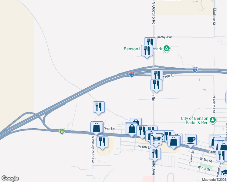 map of restaurants, bars, coffee shops, grocery stores, and more near 665 North Ocotillo Road in Benson