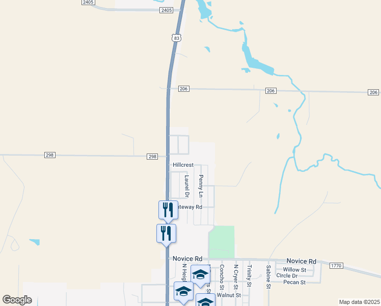 map of restaurants, bars, coffee shops, grocery stores, and more near 203 Bluebonnet Drive in Winters