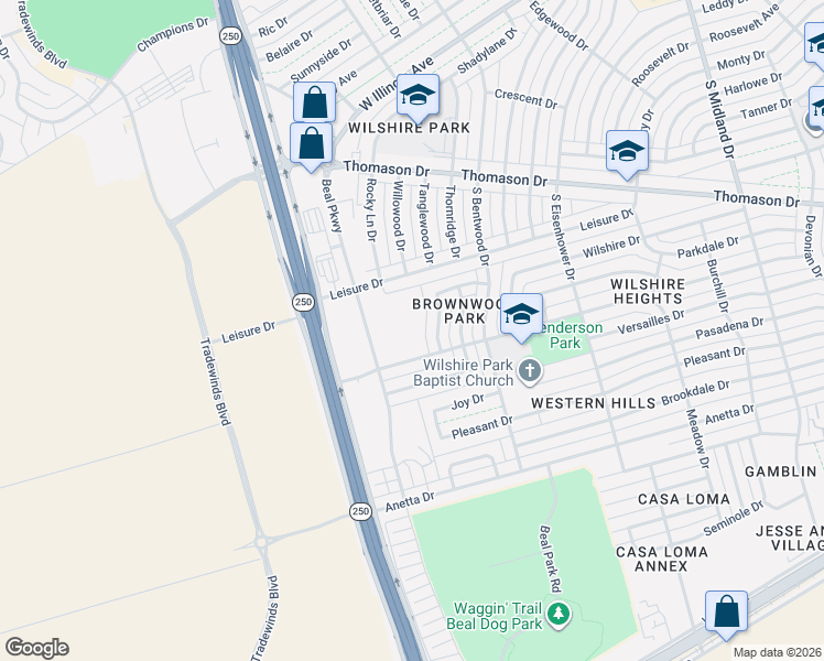 map of restaurants, bars, coffee shops, grocery stores, and more near 500 Brownwood Drive in Midland