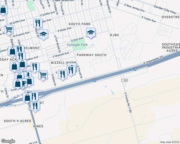 map of restaurants, bars, coffee shops, grocery stores, and more near 611 South Terrell Street in Midland