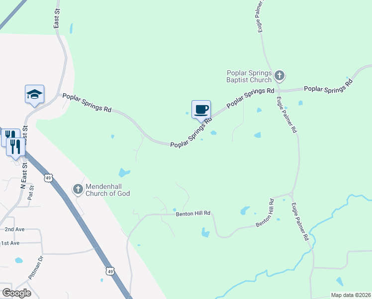 map of restaurants, bars, coffee shops, grocery stores, and more near 241 Poplar Springs Road in Mendenhall