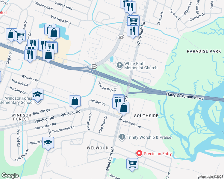 map of restaurants, bars, coffee shops, grocery stores, and more near 102 Windmill Lane in Savannah