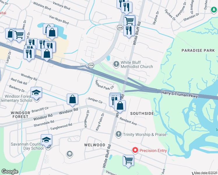 map of restaurants, bars, coffee shops, grocery stores, and more near 102 Windmill Lane in Savannah